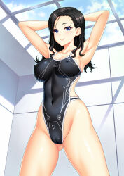 Rule 34 | 1girl, armpits, arms behind head, black hair, black one-piece swimsuit, blue eyes, blue sky, breasts, cameltoe, cloud, competition swimsuit, covered erect nipples, covered navel, cowboy shot, forehead, highleg, highleg swimsuit, highres, kuri (kurigohan), long hair, medium breasts, one-piece swimsuit, original, presenting armpit, sky, solo, speedo (company), standing, swimsuit, wavy hair