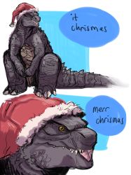 Rule 34 | artist request, christmas, colored sclera, godzilla, godzilla (2014), godzilla (series), hat, highres, kaijuu, legendary pictures, legendfromthedeep, merry christmas, monster, monsterverse, no humans, santa hat, solo, speech bubble, tail, toho, tongue, yellow sclera