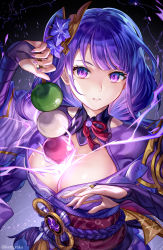 Rule 34 | 1girl, armor, braid, breasts, bridal gauntlets, cleavage, commentary request, dango, electricity, floral print, flower, food, genshin impact, hair ornament, highres, holding, holding food, human scabbard, japanese clothes, katoroku, kimono, large breasts, long hair, long sleeves, looking at viewer, mitsudomoe (shape), mole, mole under eye, nail polish, obi, obiage, obijime, open mouth, purple eyes, purple flower, purple hair, purple nails, raiden shogun, ribbon, sanshoku dango, sash, shoulder armor, solo, tassel, tomoe (symbol), wagashi, wide sleeves