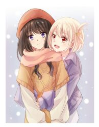 Rule 34 | 2girls, beret, blonde hair, border, brown hair, closed mouth, commentary request, enpera, facing viewer, hair ornament, hairclip, hat, highres, hug, hug from behind, inoue takina, long hair, long sleeves, looking at another, lycoris recoil, misuzu (iridescence), multiple girls, nishikigi chisato, open mouth, orange eyes, purple eyes, scarf, short hair, snowing, split mouth, teeth, upper body, upper teeth only, white border, yuri
