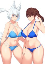 Rule 34 | 2girls, animal ears, arm at side, arm behind back, armpits, azur lane, bare shoulders, bikini, blue bikini, blue eyes, blue sky, breasts, brown eyes, brown hair, cleavage, closed mouth, collarbone, commentary request, criss-cross halter, crossover, female focus, fox ears, fox girl, fox tail, franham, gluteal fold, hair between eyes, halterneck, hand in own hair, hand on own thigh, hand up, highres, historical name connection, kaga (azur lane), kaga (kancolle), kantai collection, large breasts, looking at viewer, matching hair/eyes, multi-strapped bikini, multiple girls, name connection, navel, sand, shiny skin, short hair, side ponytail, simple background, sky, smile, standing, stomach, swimsuit, tail, thick thighs, thighs, white background, white hair