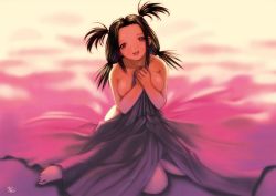 Rule 34 | 1girl, backlighting, blanket, breasts, covering privates, highres, kobayashi yuji, nipples, nude, nude cover, quadtail, solo, under covers
