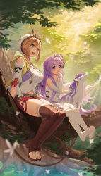 Rule 34 | 2girls, absurdres, atelier (series), atelier ryza, atelier ryza 1, azur lane, branch, crossover, day, feet, forest, full body, highres, long hair, majiang, multiple girls, nature, no shoes, reisalin stout, sitting, stuffed winged unicorn, thighhighs, tree, unicorn (azur lane), white thighhighs