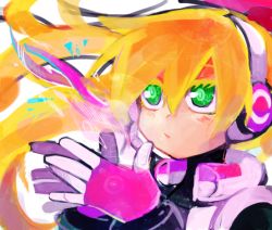 Rule 34 | 1girl, android, blonde hair, call (mighty no. 9), call f, dress, eyebrows, fingerless gloves, gloves, green eyes, hairband, headphones, jacket, long hair, mighty no. 9, no humans, ponytail, ribbon, robot, shirt, solo