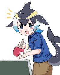 Rule 34 | 1girl, absurdres, akatsuki no guuru, ball, black hair, blonde hair, blowhole, blue eyes, blue hair, blue shirt, blush stickers, brown shorts, cetacean tail, collared shirt, commentary, common dolphin (kemono friends), dolphin girl, dorsal fin, fins, fish tail, head fins, highres, holding, holding ball, holding paddle, kemono friends, leaning forward, long hair, looking at viewer, multicolored hair, official alternate costume, open mouth, paddle, parted bangs, shirt, short sleeves, shorts, simple background, smile, solo, sportswear, symbol-only commentary, table tennis, table tennis ball, table tennis paddle, tail, v-shaped eyebrows, white background, white hair, wing collar