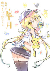 Rule 34 | 10s, 1girl, alternate costume, belt, belt pouch, black skirt, blonde hair, creatures (company), crossover, from behind, game freak, gen 1 pokemon, hat, kantai collection, looking at viewer, looking back, magnemite, nintendo, pikachu, pleated skirt, poke ball, pokemon, pokemon (creature), pouch, sailor collar, satsuki (kancolle), shirt, simple background, skirt, sleeveless, sleeveless shirt, smile, sodapop (iemaki), standing, thighhighs, twintails, v, white background, white shirt