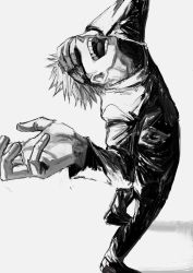 Rule 34 | 1boy, arm up, blindfold, covered eyes, full body, gojou satoru, greyscale, hand on own face, highres, jacket, jujutsu kaisen, kuwoniagyu11112, long sleeves, male focus, monochrome, open mouth, pants, shoes, short hair, simple background, smile, solo, standing, teeth, tongue
