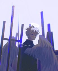 Rule 34 | 1boy, angel, blue theme, dated, facial scar, feathered wings, from behind, grey background, grey hair, halo, highres, kimetsu no yaiba, long sleeves, looking at viewer, looking back, male focus, odd7qjxrjtueldt, scar, scar on cheek, scar on face, scar on forehead, shinazugawa sanemi, short hair, solo, splatter, upper body, white wings, wings