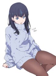Rule 34 | 1girl, :d, alternate costume, black hair, blue eyes, brown pantyhose, cable knit, dated, grey sweater, gridman universe, highres, invisible chair, long hair, long sleeves, looking at viewer, open mouth, pantyhose, signature, sitnon, sitting, sleeves past wrists, smile, solo, ssss.gridman, sweater, takarada rikka, thighs, white background