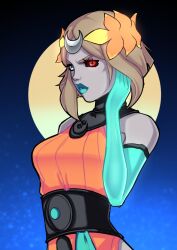 Rule 34 | 1girl, absurdres, ancient greek clothes, angry, black sclera, blonde hair, bone, colored sclera, dress, greco-roman clothes, green eyes, hades (series), hades 2, heterochromia, highres, melinoe (hades), moon, red eyes, short hair, tulipsie