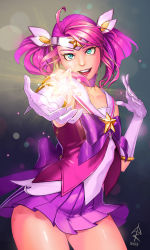 Rule 34 | 1girl, alternate costume, alternate hair color, alternate hairstyle, antenna hair, armlet, blue eyes, bow, choker, contrapposto, cowboy shot, elbow gloves, flat chest, gloves, glowing, gradient background, league of legends, lens flare, lips, looking at viewer, lux (league of legends), magic, magical girl, nbscoop, outstretched hand, parted lips, pink hair, pleated skirt, sailor collar, skirt, smile, solo, standing, star (symbol), star guardian (league of legends), star guardian lux, tiara, white gloves