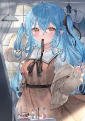 Rule 34 | 1girl, ahoge, black bow, black ribbon, blue hair, blush, bow, breasts, brown cardigan, brown dress, brown eyes, cardigan, clothes hanger, coat, commentary request, cosmetics, cowboy shot, dress, elf, glasses, hair between eyes, hair ribbon, hanging light, highres, holding, holding own hair, hololive, indoors, light particles, lipstick tube, long hair, long sleeves, looking at viewer, mouth hold, off shoulder, official alternate costume, open cardigan, open clothes, pointy ears, ribbon, ribbon in mouth, shiohana, smile, solo, standing, two side up, unworn coat, unworn eyewear, v, very long hair, virtual youtuber, window, yukihana lamy, yukihana lamy (casual)