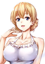 Rule 34 | 10s, 1girl, bad id, bad pixiv id, blonde hair, blue eyes, braid, breasts, cleavage, collarbone, darjeeling (girls und panzer), frilled swimsuit, frills, girls und panzer, halterneck, highres, large breasts, looking at viewer, one-piece swimsuit, parted lips, portrait, shirt, short hair, simple background, smile, solo, swimsuit, twin braids, white background, white one-piece swimsuit, zucchini