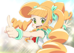 Rule 34 | 1girl, :d, aqua bow, ascot, blunt bangs, blush stickers, bow, bracelet, dress, eiga daisuki pompo-san, green eyes, hair bow, highres, jewelry, joelle pomponett, long hair, looking at viewer, open mouth, orange hair, pointing, quad tails, simple background, sleeveless, sleeveless dress, smile, ueyama michirou