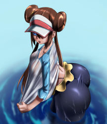Rule 34 | 1girl, adjusting clothes, ass, black pantyhose, blue background, blue eyes, breasts, brown hair, creatures (company), double bun, game freak, hair bun, highres, huge ass, long hair, medium breasts, miniskirt, nintendo, open mouth, ourobot, pantyhose, partially submerged, pokemon, pokemon bw2, rosa (pokemon), simple background, skirt, solo, standing, teeth, twintails, upper teeth only, visor cap, water, wet, wet clothes, yellow skirt