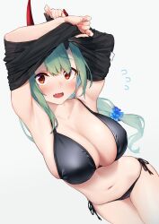 Rule 34 | 1girl, absurdres, akari (baffu), armpits, arms up, baffu, bikini, black bikini, black shirt, blush, breasts, broken horn, brown eyes, cleavage, commentary request, cowboy shot, dutch angle, fang, fingernails, flower, flying sweatdrops, green hair, hair flower, hair ornament, highres, horns, large breasts, long hair, looking at viewer, nail polish, navel, oni, oni horns, open mouth, original, pink nails, red horns, sharp fingernails, shirt, side-tie bikini bottom, simple background, skin fang, skindentation, solo, standing, sweat, swimsuit, thighs, undressing, white background