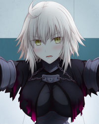 Rule 34 | 1girl, ahoge, blonde hair, blush, breasts, cape, fate/grand order, fate (series), feather trim, feathers, hasebe akira, highres, jeanne d&#039;arc (fate), jeanne d&#039;arc alter (avenger) (fate), jeanne d&#039;arc alter (fate), kabedon, looking at viewer, medium breasts, parted lips, short hair, solo, upper body, yellow eyes