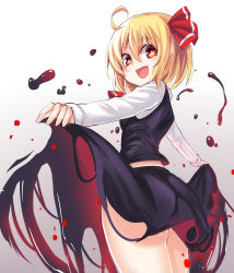 Rule 34 | 1girl, :d, ahoge, ascot, ass, black skirt, black vest, blonde hair, blush, breasts, commentary request, cowboy shot, fang, from behind, gradient background, grey background, hair between eyes, hair ribbon, highres, koissa, lifting own clothes, long sleeves, looking at viewer, looking back, midriff peek, one-hour drawing challenge, open mouth, red ascot, red eyes, red ribbon, ribbon, rumia, shirt, short hair, skirt, small breasts, smile, solo, standing, thighs, touhou, vest, white background, white shirt