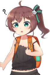 Rule 34 | 1girl, :o, ?, ahoge, backpack, bag, bare arms, bare shoulders, black camisole, black skirt, brown hair, camisole, cat hair ornament, collarbone, commentary request, crime prevention buzzer, fang, green eyes, hair ornament, highres, hololive, natsuiro matsuri, open mouth, pleated skirt, rutorifuki, side ponytail, simple background, skirt, solo, strap slip, virtual youtuber, white background