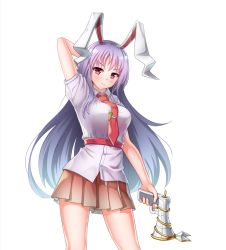 Rule 34 | 1girl, animal ears, arm behind head, arm up, belt, blue hair, blush, breasts, brown skirt, commentary request, cowboy shot, gradient hair, gun, highres, holding, holding gun, holding weapon, kamajey, large breasts, left-handed, long hair, looking at viewer, lunatic gun, miniskirt, multicolored hair, necktie, pleated skirt, puffy short sleeves, puffy sleeves, purple hair, rabbit ears, red belt, red eyes, red necktie, reisen udongein inaba, shirt, short sleeves, simple background, skirt, solo, standing, thighs, touhou, very long hair, weapon, white background, white shirt