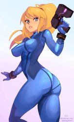 Rule 34 | 1girl, ass, blonde hair, blue bodysuit, blue eyes, blue gloves, bodysuit, breasts, commentary, english commentary, gloves, gun, holding, holding gun, holding weapon, lips, long hair, looking at viewer, medium breasts, metroid, nintendo, parted lips, patreon username, ponytail, samus aran, solo, squeezable (squeezabledraws), weapon, zero suit