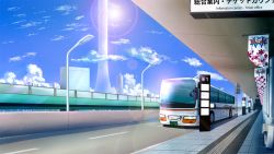 Rule 34 | alpha spica, bad id, bad pixiv id, building, bus, bus stop, cityscape, cloud, day, lamppost, motor vehicle, no humans, original, sky, sun, vehicle