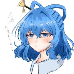 Rule 34 | 1girl, blue eyes, blue hair, chisel, closed mouth, commentary request, hair intakes, hair ornament, hair rings, hair stick, kaku seiga, looking at viewer, pipita, portrait, short hair, simple background, solo, squiggle, touhou, translation request, white background