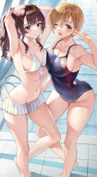 Rule 34 | 2girls, armpits, bare shoulders, bikini, blue one-piece swimsuit, blush, breast press, breasts, brown eyes, brown hair, cleavage, collarbone, competition swimsuit, covered navel, highleg, highleg swimsuit, highres, large breasts, long hair, looking at viewer, medium breasts, multiple girls, navel, one-piece swimsuit, open mouth, original, ponytail, rei no pool, sage joh, short hair, smile, swimsuit, thighs, white bikini