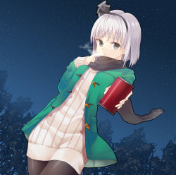 Rule 34 | 1girl, breath, coat, contemporary, dress, dutch angle, green eyes, hairband, highres, konpaku youmu, long sleeves, looking at viewer, night, night sky, outdoors, ribbed sweater, ribbon, scarf, short hair, silver hair, sky, soft drink, solo, standing, sweater, sweater dress, tauta (meshia8787), thighhighs, touhou, tree