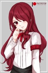 Rule 34 | 1girl, artist name, closed mouth, commentary, english commentary, gekkoukan high school uniform, grey background, hair over one eye, hand on own face, kirijou mitsuru, long hair, outside border, patreon logo, patreon username, persona, persona 3, red eyes, red hair, school uniform, simple background, smile, solo, yuxine