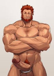 Rule 34 | 1boy, abs, arm hair, bara, beard, biceps, chest hair, cock ring, completely nude, cowboy shot, crossed arms, erection, facial hair, fate/grand order, fate/zero, fate (series), foreskin, highres, iskandar (fate), large penis, looking at viewer, male focus, mature male, muscular, muscular male, navel, navel hair, nude, pectorals, penis, red eyes, red hair, seductive smile, sex toy, short hair, smile, solo, stomach, straight-on, tekkowang, thick thighs, thighs, uncensored, veins, veiny arms