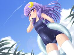 Rule 34 | 1girl, can, crescent, crescent hair ornament, female focus, from below, hair ornament, highres, iganseijin, innertube, long hair, one-piece swimsuit, patchouli knowledge, purple eyes, purple hair, school swimsuit, solo, swim ring, swimsuit, thighhighs, touhou