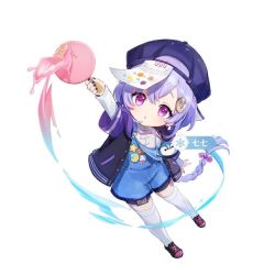 Rule 34 | 1girl, bad source, baseball cap, braid, braided ponytail, food, genshin impact, hat, ice cream, official alternate costume, official art, purple eyes, purple hair, qiqi (genshin impact), qiqi (suibian) (genshin impact), short hair with long locks, white background