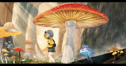 Rule 34 | 1girl, absurdres, animal, backpack, bag, black skirt, blue eyes, blush, dew drop, expressionless, fly agaric, from side, grey hair, highres, holding strap, hoshimiya aki, jacket, letterboxed, light rays, long sleeves, looking afar, looking away, mini person, minigirl, morning, moss, mushroom, nature, original, outdoors, pencil skirt, revision, scenery, shading eyes, short hair, skirt, sleeves past wrists, snail, socks, solo, sunbeam, sunlight, sunrise, tree, walking, water drop, yellow jacket