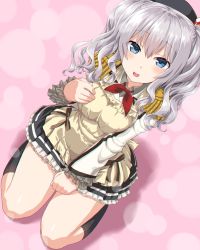 Rule 34 | 1girl, apron, beret, black hat, black skirt, black socks, blue eyes, blush, breasts, commentary, dd (ijigendd), epaulettes, frilled skirt, frills, hair between eyes, hand on own chest, hat, highres, kantai collection, kashima (kancolle), kneehighs, long hair, long sleeves, looking at viewer, medium breasts, open mouth, pink background, red neckwear, ribbon, silver hair, simple background, sitting, skirt, socks, solo, twintails, wavy hair, yellow apron