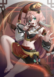Rule 34 | 1girl, :d, absurdres, antlers, barefoot, breasts, chinese clothes, cleavage, commentary request, detached sleeves, genshin impact, green eyes, hair between eyes, hat, highres, horns, long hair, long sleeves, looking at viewer, navel, open mouth, pink hair, reaching, reaching towards viewer, sidelocks, skym (kumei), smile, solo, stomach, v, vision (genshin impact), wide sleeves, yanfei (genshin impact)