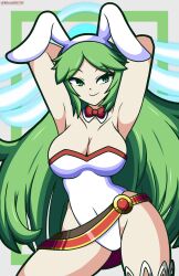 Rule 34 | 1girl, alternate costume, animal ears, armpits, arms behind head, arms up, artist name, bare legs, bare shoulders, breasts, closed mouth, covered navel, curvy, fake animal ears, green eyes, green hair, green leotard, half-closed eyes, high heels, highres, kid icarus, kid icarus uprising, large breasts, legs, leotard, long hair, looking at viewer, monolith tk, nintendo, palutena, playboy bunny, rabbit ears, rabbit tail, seductive gaze, seductive smile, smile, solo, strapless, strapless leotard, super smash bros., tail, very long hair, wide hips