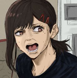 Rule 34 | 1girl, asymmetrical hair, black shirt, brown eyes, brown hair, chainsaw man, commentary, door, english commentary, hair ornament, hairclip, higashiyama kobeni, highres, indoors, jerma985, mole, mole under eye, mole under mouth, multiple moles, nairdags, open mouth, photo-referenced, portrait, shirt, short hair, short ponytail, shouting, single sidelock, solo, sweat, nervous sweating, uneven eyes