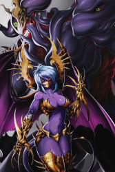 Rule 34 | 1boy, 1girl, absurdres, armor, bare shoulders, bikini armor, black sclera, blue hair, breasts, cleavage, collarbone, colored sclera, colored skin, covered mouth, cowboy shot, demon, demon girl, demon horns, demon tail, demon wings, extra eyes, gauntlets, grin, headgear, highres, horns, jmg, large breasts, long hair, looking at viewer, mask, navel, original, purple skin, scar, smile, stomach, tail, teeth, thighhighs, veins, wings, yellow eyes