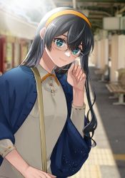 Rule 34 | 1girl, alternate costume, bag, black hair, blue eyes, blue jacket, blurry, blurry background, closed mouth, dress, eyelashes, glasses, grey dress, hair between eyes, hairband, highres, jacket, kantai collection, long hair, long sleeves, looking at viewer, machi (ritovoyage), ooyodo (kancolle), orange hairband, shoulder bag, solo, twitter username, upper body