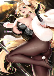 Rule 34 | 1girl, absurdres, animal ear headwear, animal ears, ass, bare shoulders, black gloves, black leotard, black pantyhose, blonde hair, breasts, cian yo, cleavage, coin, covered navel, detached collar, earrings, fake animal ears, fake tail, gloves, goddess of victory: nikke, green eyes, hair between eyes, heart, highres, jewelry, large breasts, legs, leotard, long hair, looking at viewer, official alternate costume, open mouth, pantyhose, playboy bunny, pole, rabbit ears, rupee (nikke), rupee (rabbit deluxe) (nikke), smile, solo, strapless, strapless leotard, stripper pole, tail, very long hair