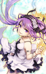 Rule 34 | 1girl, armlet, bare shoulders, beads, black ribbon, bracelet, choker, cocorosso, dress, euryale (fate), euryale (third ascension) (fate), fate/grand order, fate/hollow ataraxia, fate (series), frills, hairband, halo, headdress, jewelry, lolita hairband, long hair, looking at viewer, necklace, parted lips, purple eyes, purple hair, ribbon, smile, solo, twintails, white dress