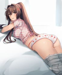 Rule 34 | 1girl, ass, blush, breasts, brown eyes, brown hair, clothes pull, flower, grey pants, hair between eyes, hair flower, hair ornament, highres, kantai collection, kasumi (skchkko), large breasts, long hair, lying, on stomach, open mouth, panties, pants, pants pull, pink flower, ponytail, short sleeves, solo, underwear, white panties, yamato (kancolle)