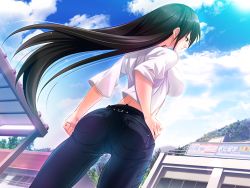 Rule 34 | 1girl, aneimo neo + second sister, ass, black hair, breasts, building, cloud, denim, game cg, hand on own hip, jeans, large breasts, legs, long hair, looking away, pants, serious, shinonome kazuhiko, sideboob, sky, solo, standing, thighs, wind