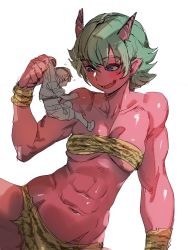 Rule 34 | 1boy, 1girl, :d, abs, belt bra, bow (bhp), bra, breasts, colored skin, fang, flying sweatdrops, giant, giantess, green hair, holding person, horns, loincloth, medium breasts, navel, oni, open mouth, original, pointy ears, purple eyes, red oni, red skin, short hair, simple background, skindentation, smile, striped bra, striped clothes, toned, underwear, white background, wristband