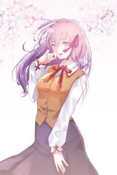 Rule 34 | 1girl, arm at side, black skirt, blush, cherry blossoms, collared shirt, fate/stay night, fate (series), hair ribbon, hand on own face, highres, homurahara academy school uniform, long hair, matou sakura, pink ribbon, purple eyes, purple hair, ribbon, roku (ntbr fate), school uniform, shirt, skirt, smile, solo, vest, white background, white shirt, wind, wind lift, yellow vest