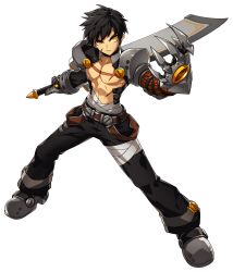 Rule 34 | 1boy, absurdres, alternate hairstyle, bandages, black hair, black pants, claws, elsword, full body, highres, mechanical arms, pants, raven cronwell, single mechanical arm, sword, taker (elsword), topless male, transparent background, weapon, yellow eyes