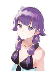 Rule 34 | 1girl, breasts, cleavage, closed mouth, fire emblem, fire emblem: the sacred stones, fire emblem heroes, flower, hair flower, hair ornament, highres, lute (fire emblem), nintendo, purple eyes, purple hair, ruis bacon, simple background, solo, swimsuit, upper body, white background