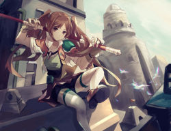 Rule 34 | 1girl, armor, bag, bike shorts, bird, breasts, brown hair, building, eiyuu densetsu, estelle bright, fingerless gloves, gloves, highres, jacket, jewelry, long hair, looking at viewer, maoshenzou, miniskirt, necklace, red eyes, satchel, shirt, shoes, shorts, shorts under skirt, shoulder armor, sitting, skirt, small breasts, solo, sora no kiseki, staff, thighhighs, twintails, white thighhighs