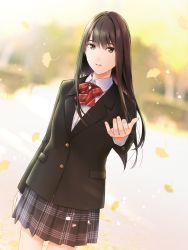 Rule 34 | 1girl, autumn, autumn leaves, black jacket, blazer, bow, bowtie, brown eyes, brown hair, grey skirt, highres, jacket, long hair, long sleeves, looking at viewer, nayuta69, original, parted lips, red bow, red bowtie, skirt, smile, solo